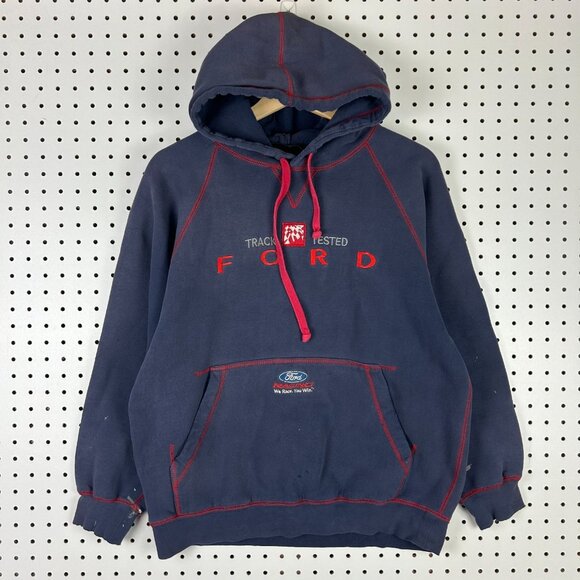 Ford Racing Hoodie Medium Vtg Worn Y2K Faded Track Tested Sweatshirt Blue Red - Picture 1 of 7